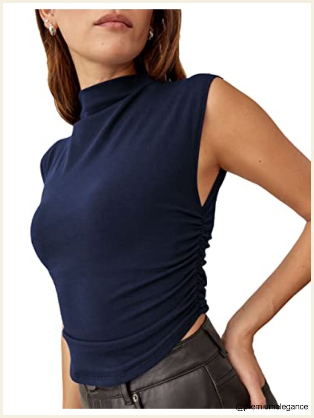 KAMISSY Sleeveless Mock Neck Crop Tank Top with Ruched Side